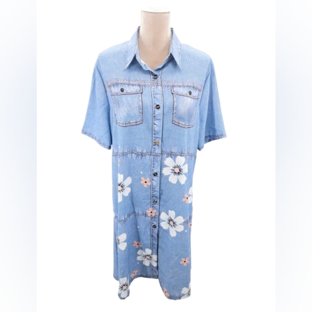 Floral Print Chambray Look Shirt Dress XL Cottagecore Boho